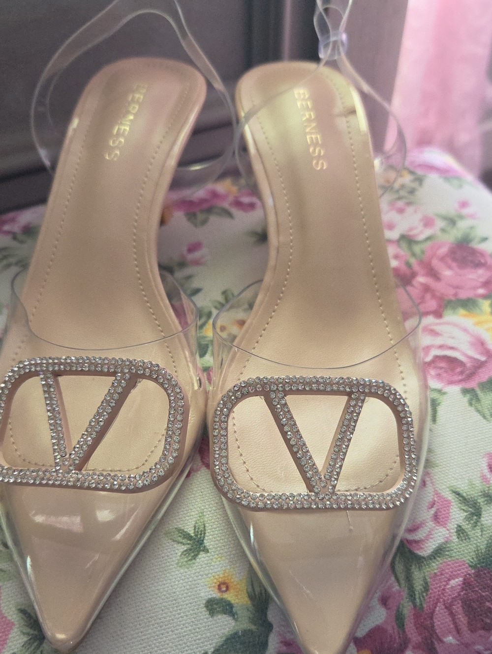 Berness Nude Clear Pointed Heels with Crystal V Buckle NWOT